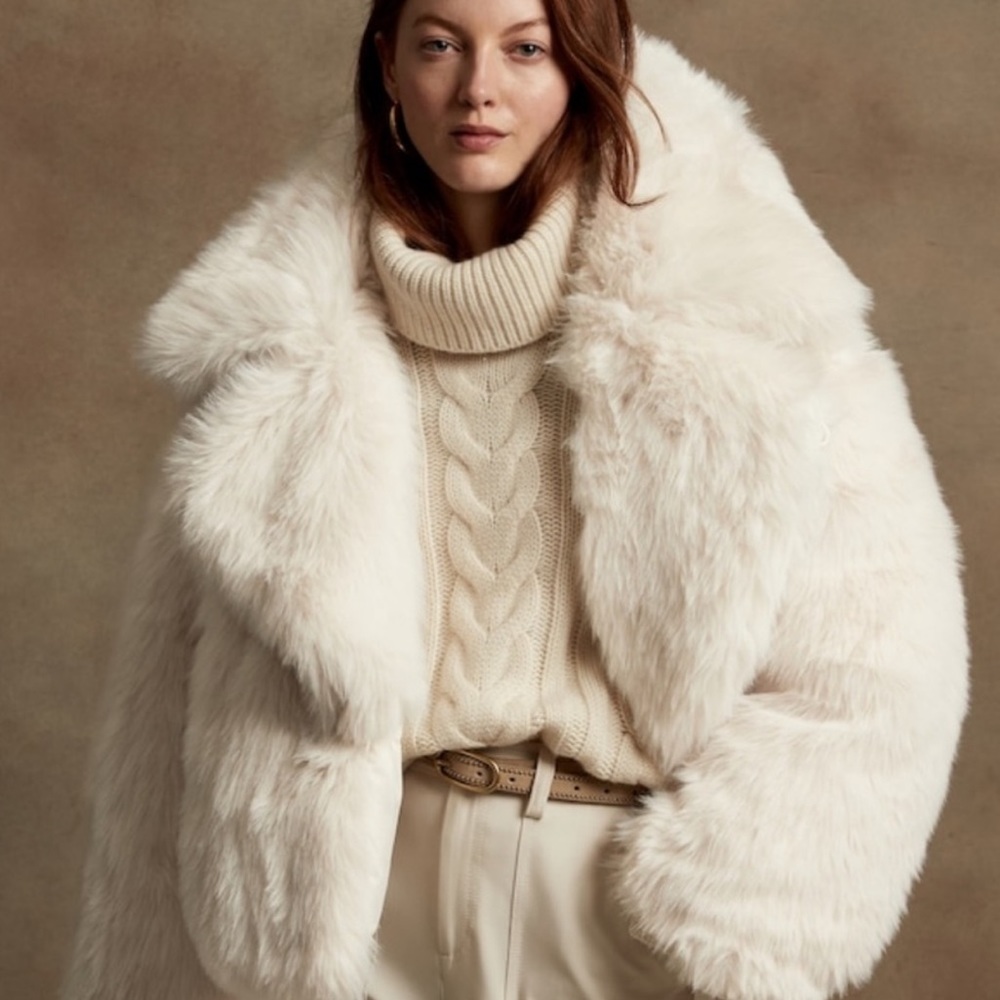 NWT Banana Republic reversible white faux fur down coat